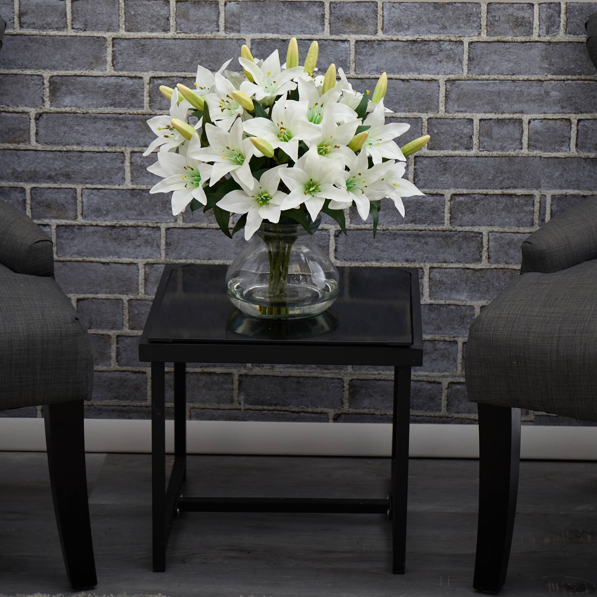 16" White Lily Silk Arrangement with Glass Vase